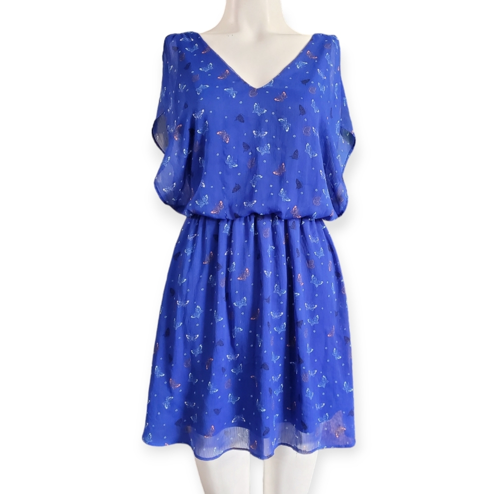 Candie's Blue Butterfly Lined Sundress Waist Defined Summer Mini Dress (S-M)